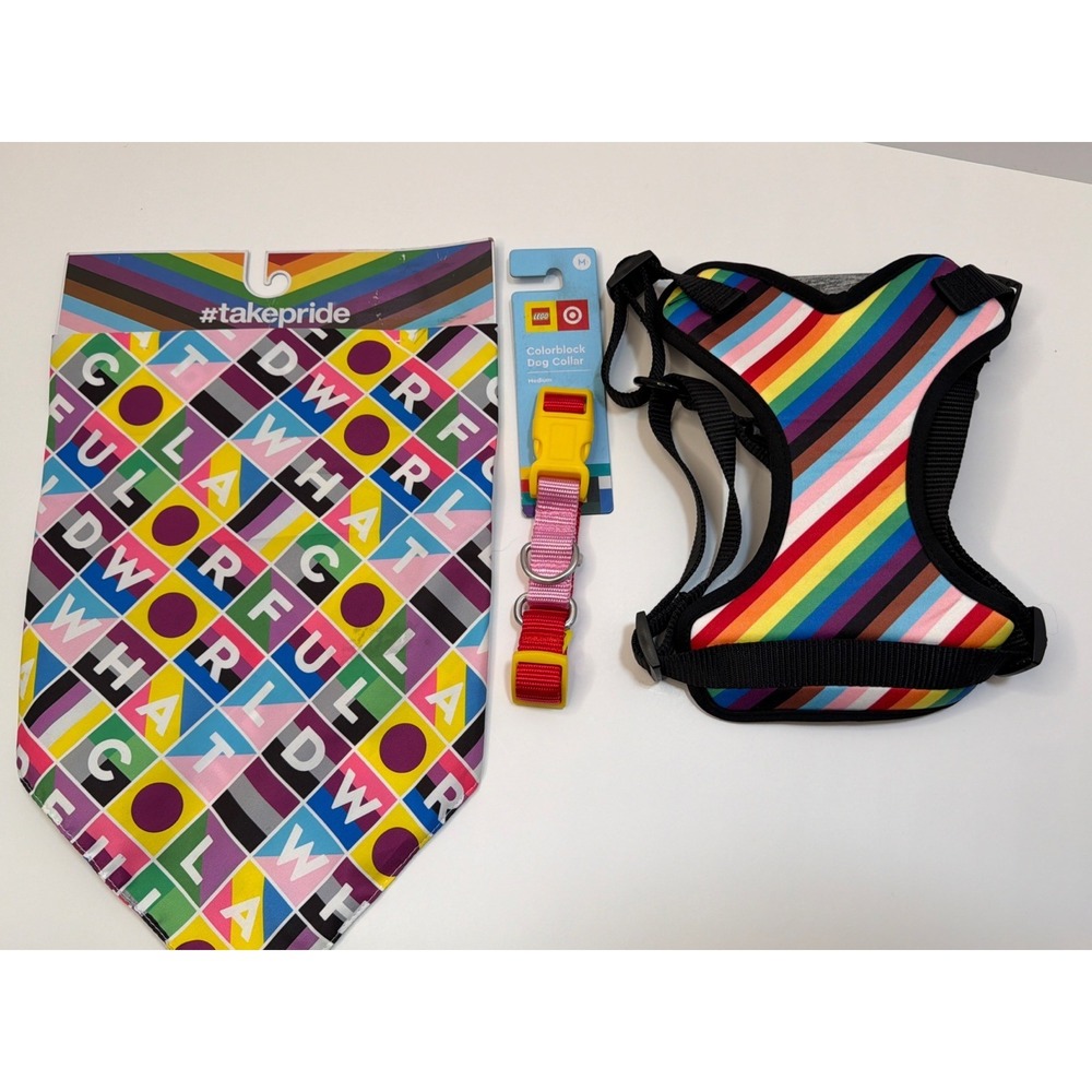 LEGO x Target Pride Dog Collar Medium + Rainbow Dog Harness & Bandana Pet Set